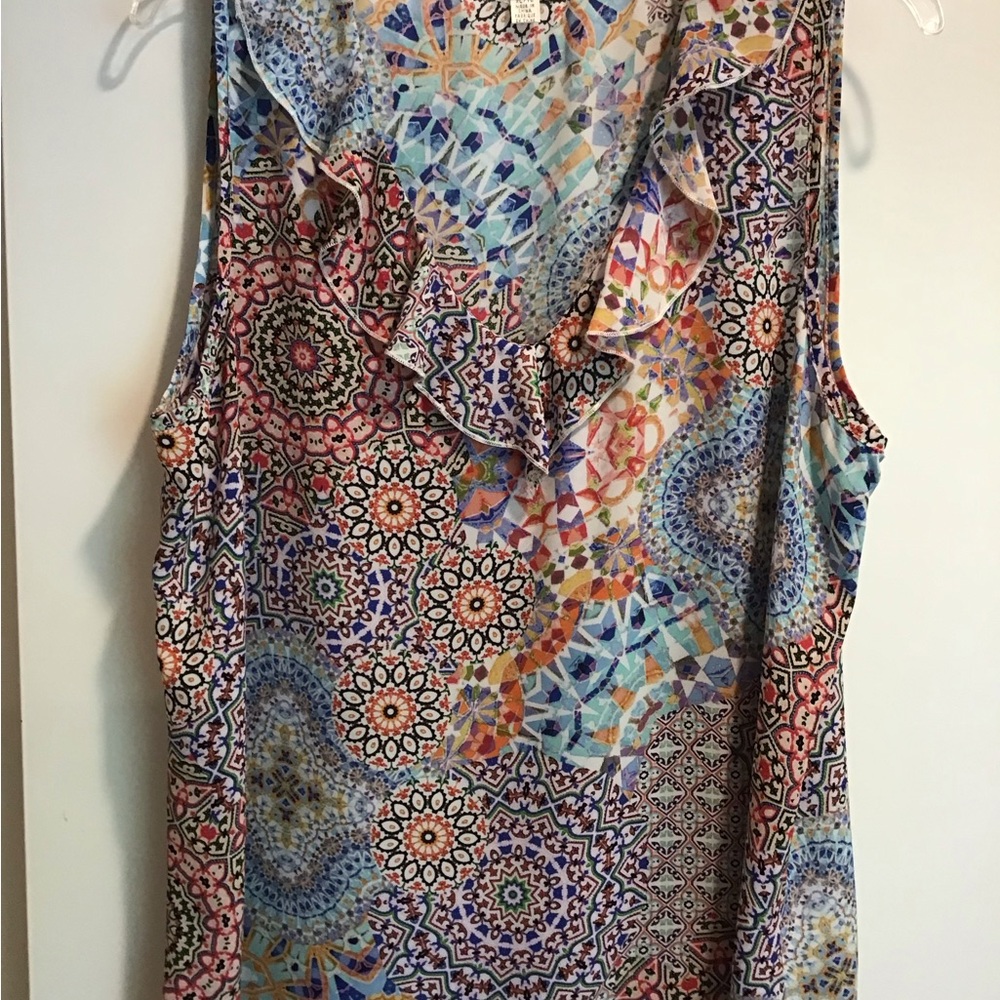 Spense Blue and Brown Ruffled Bib Collar Blouse